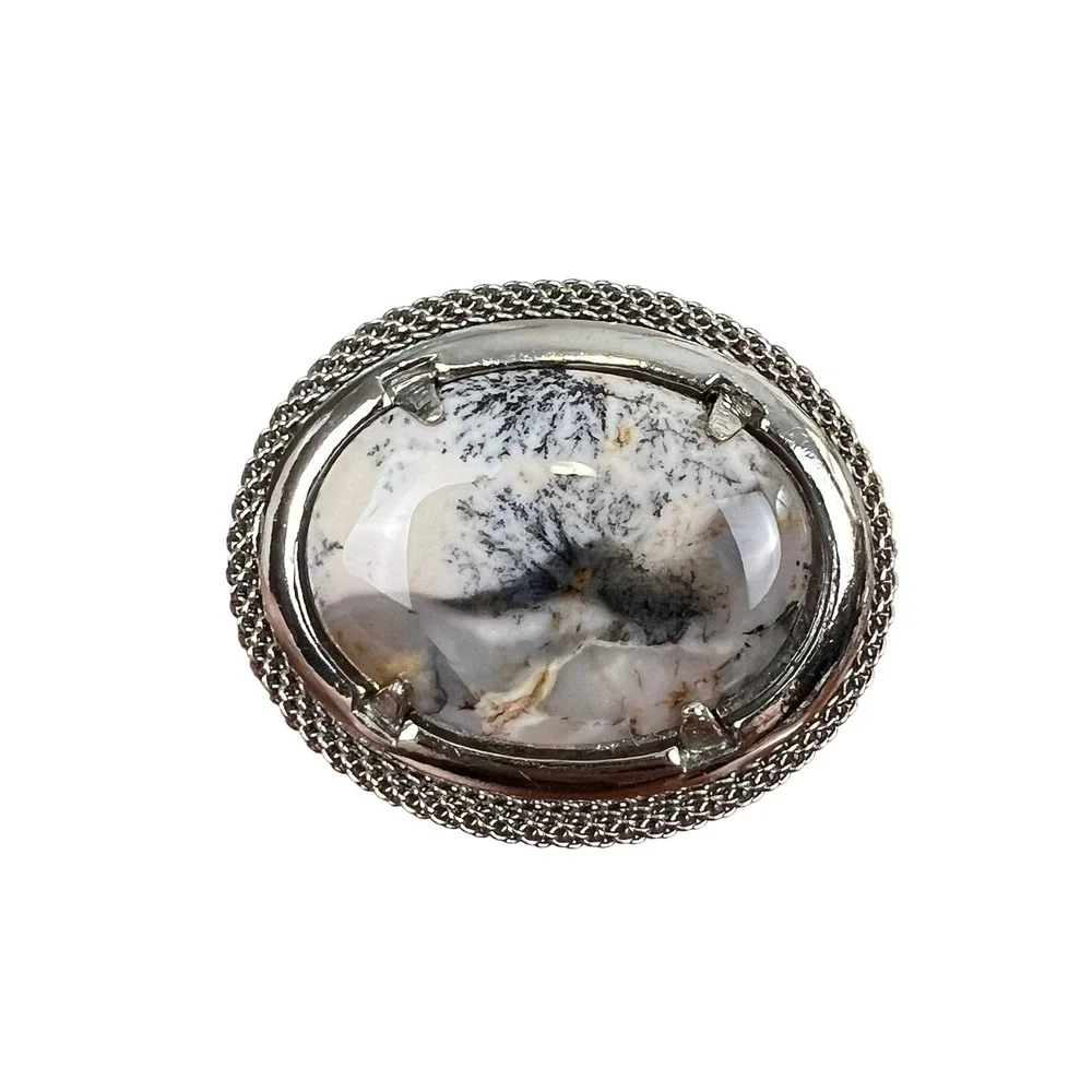 Vintage Dendritic Agate Brooch Silver Tone Mesh Chain Border Oval Stone Pin